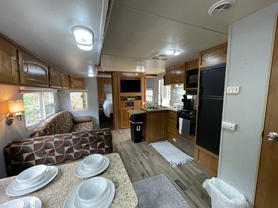 Dishes are already in the camper cabinets just waiting for you.