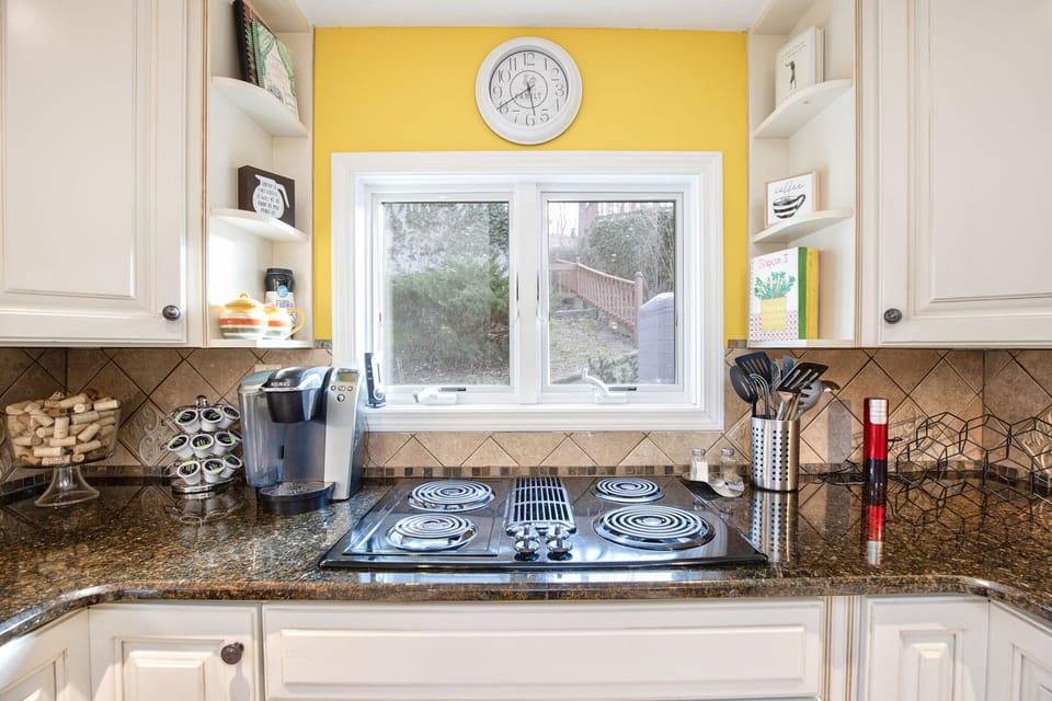 Bright color and design highlight the kitchen area