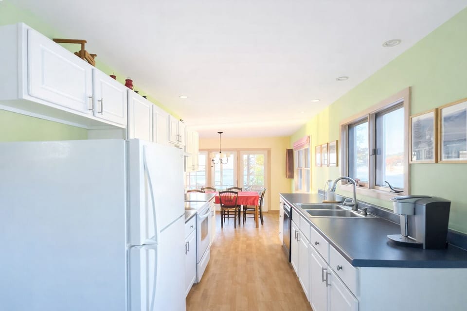 A bright galley style kitchen.