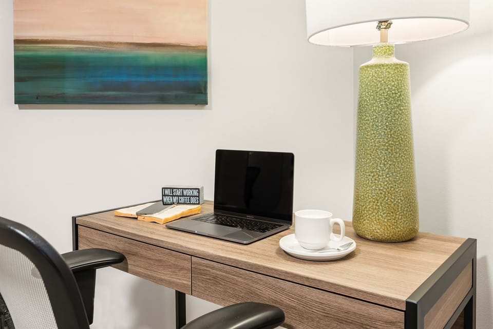 Private work area in the basement office. Perfect for joining Zoom meetings or work calls
