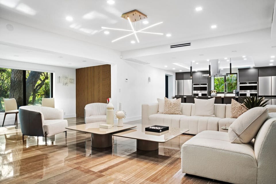 Plush sectional and sleek lighting for movie nights