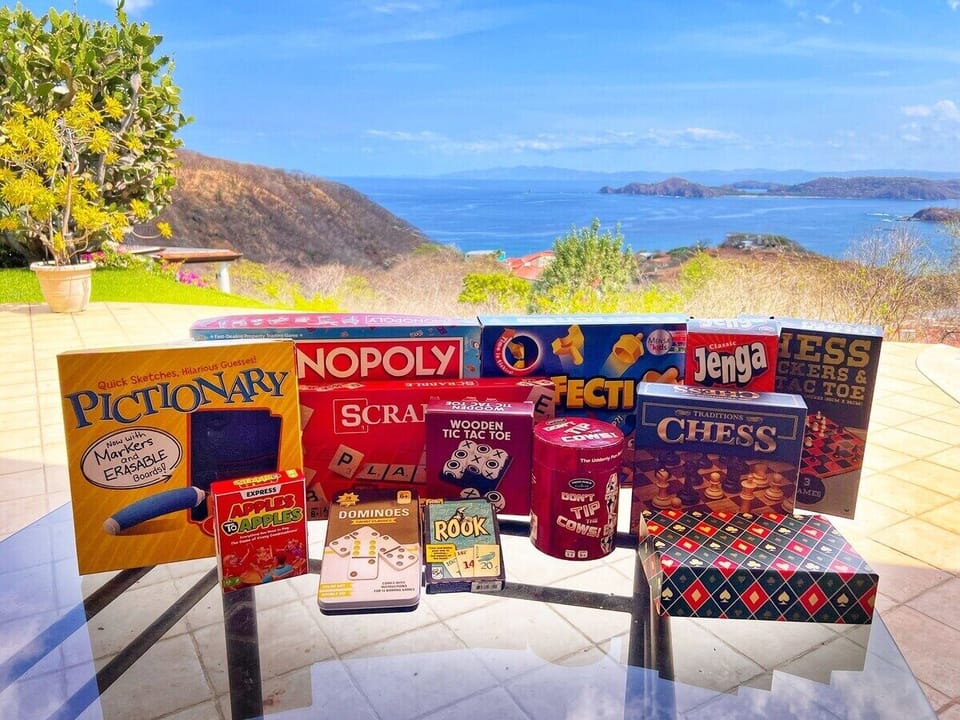 The home comes with loads of games, books, a yoga mat and resistance bands.