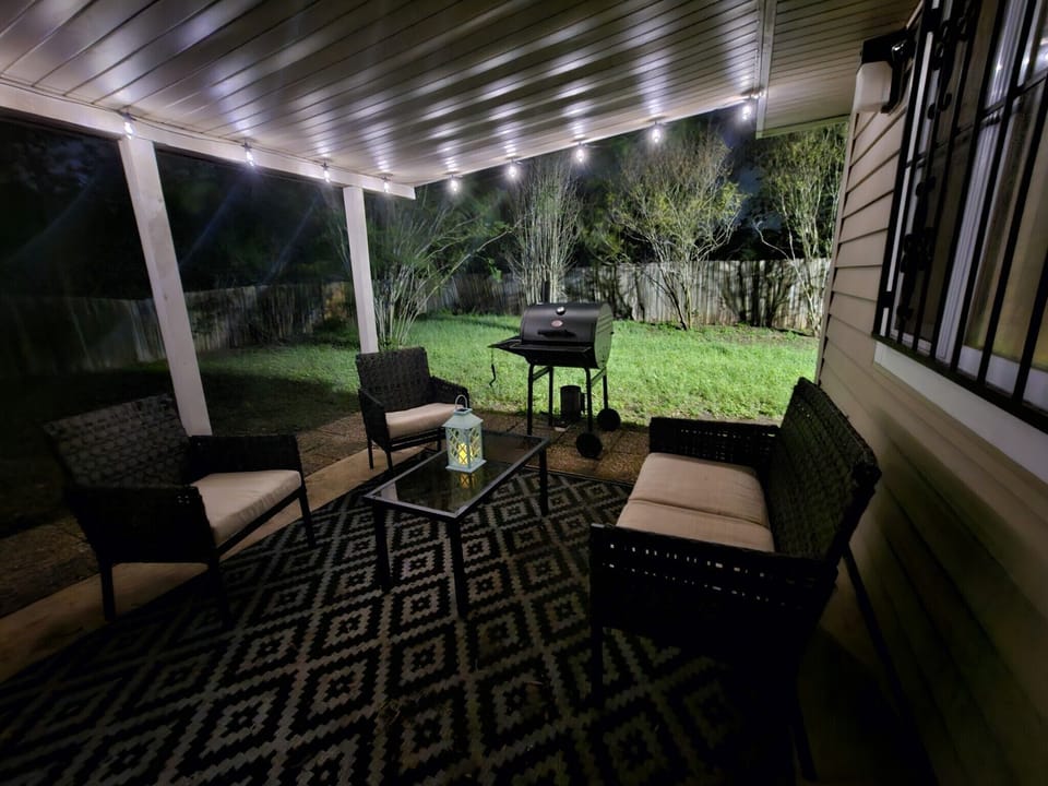 night view of the patio with solar lighting 