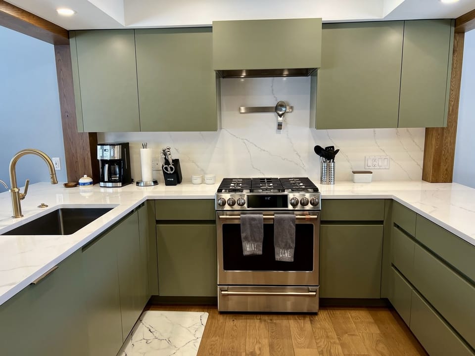 The gas range is the centerpiece of our chef's kitchen.