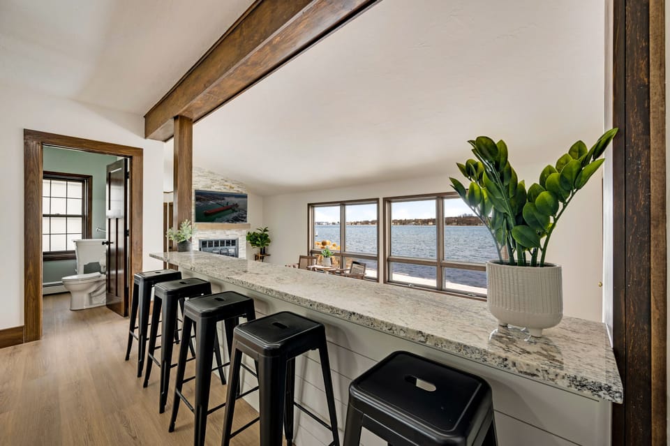 Kitchen and dining area with water views