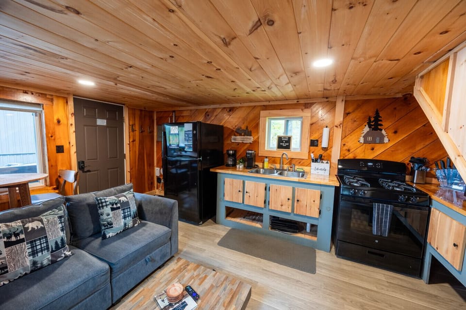 Living room + kitchen = heart of the cabin