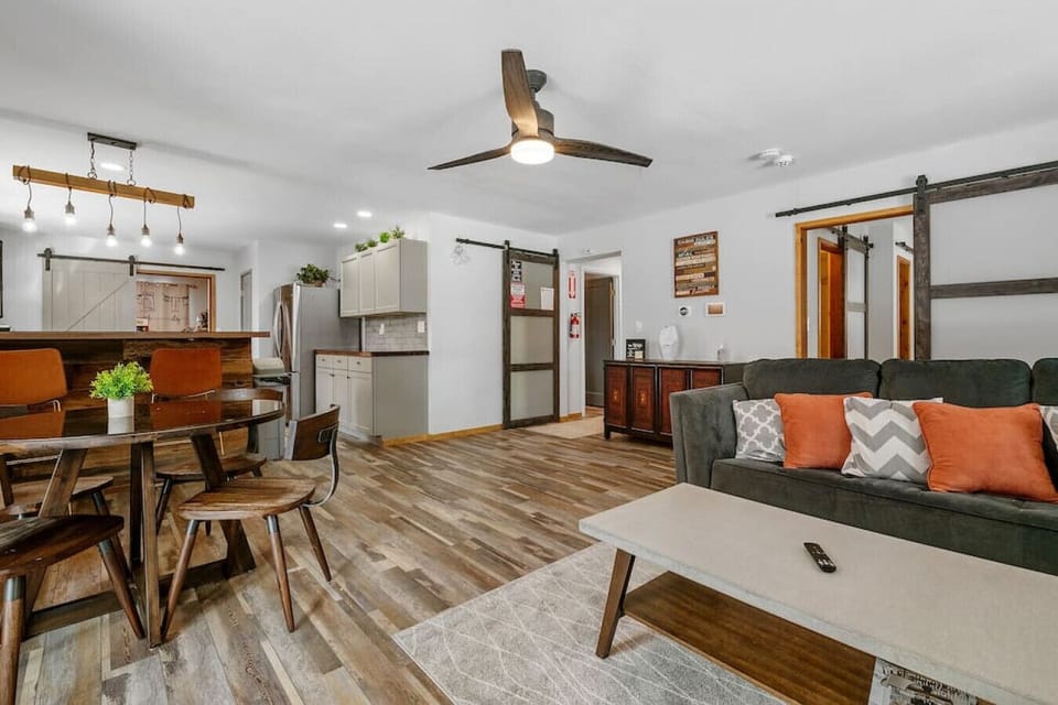 Open concept living room to the dining/ kitchen