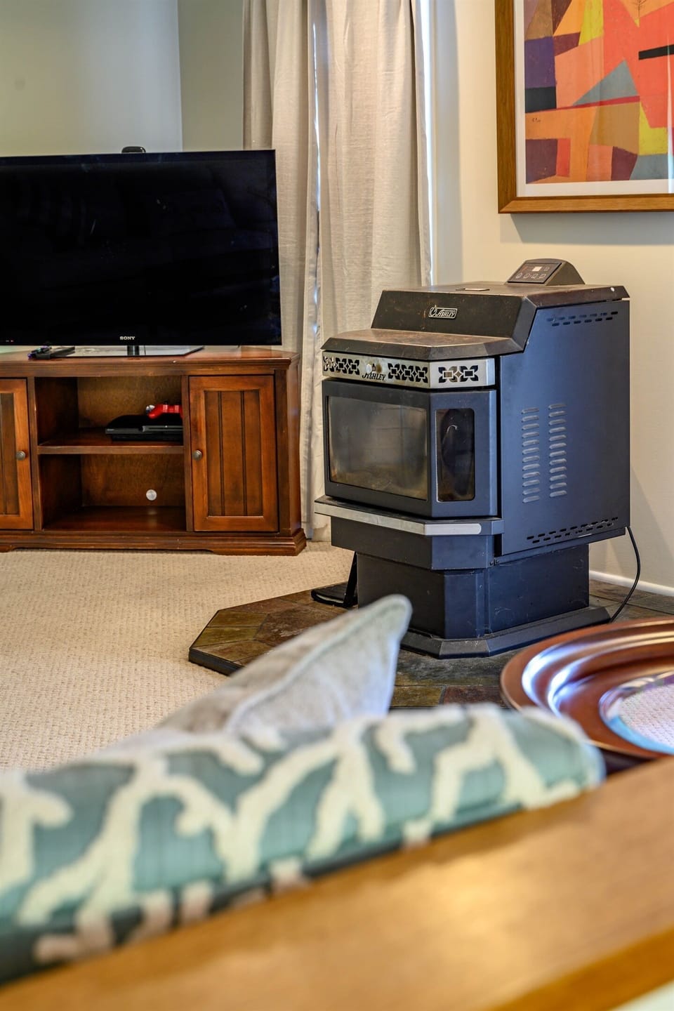 Pellet stove offers a cozy spot to gather around