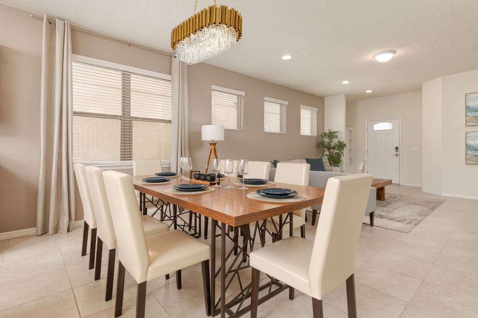 Wide view of the dining and living room in this gorgeous house.