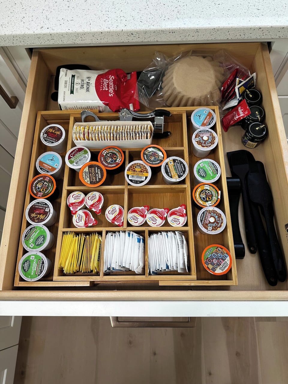 Complimentary k-cups and coffee.  Variety of flavors offered.