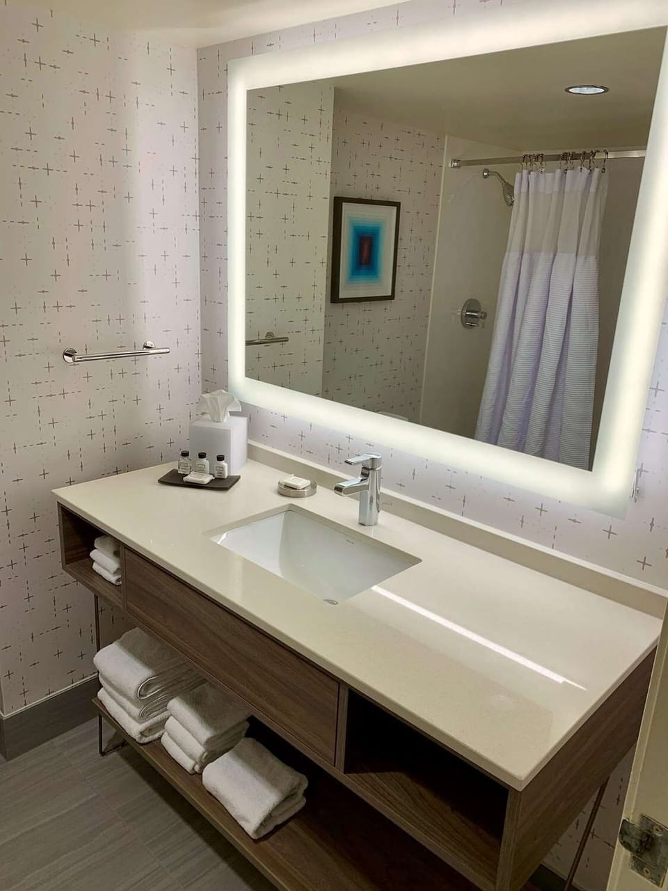 Rinse off comfortably with fresh towels and bright lighting.