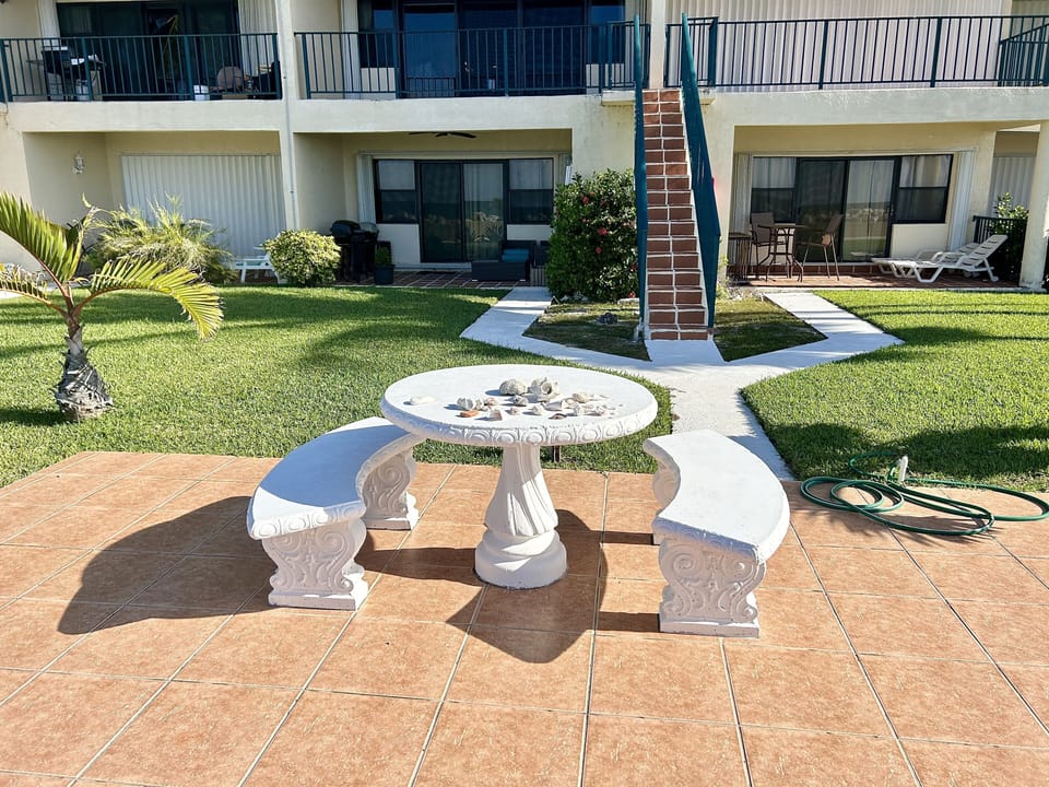 Common seating by the water - perfect spot for your morning coffee