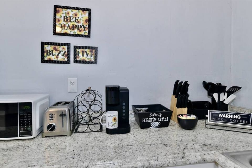 Coffee, tea, creamer, and sugars are supplied.
