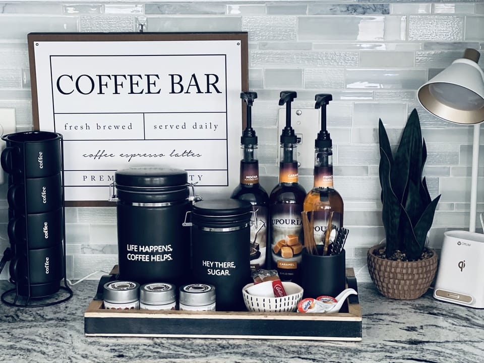 Great coffee bar with a few coffees to get you started -pods and loose coffee.