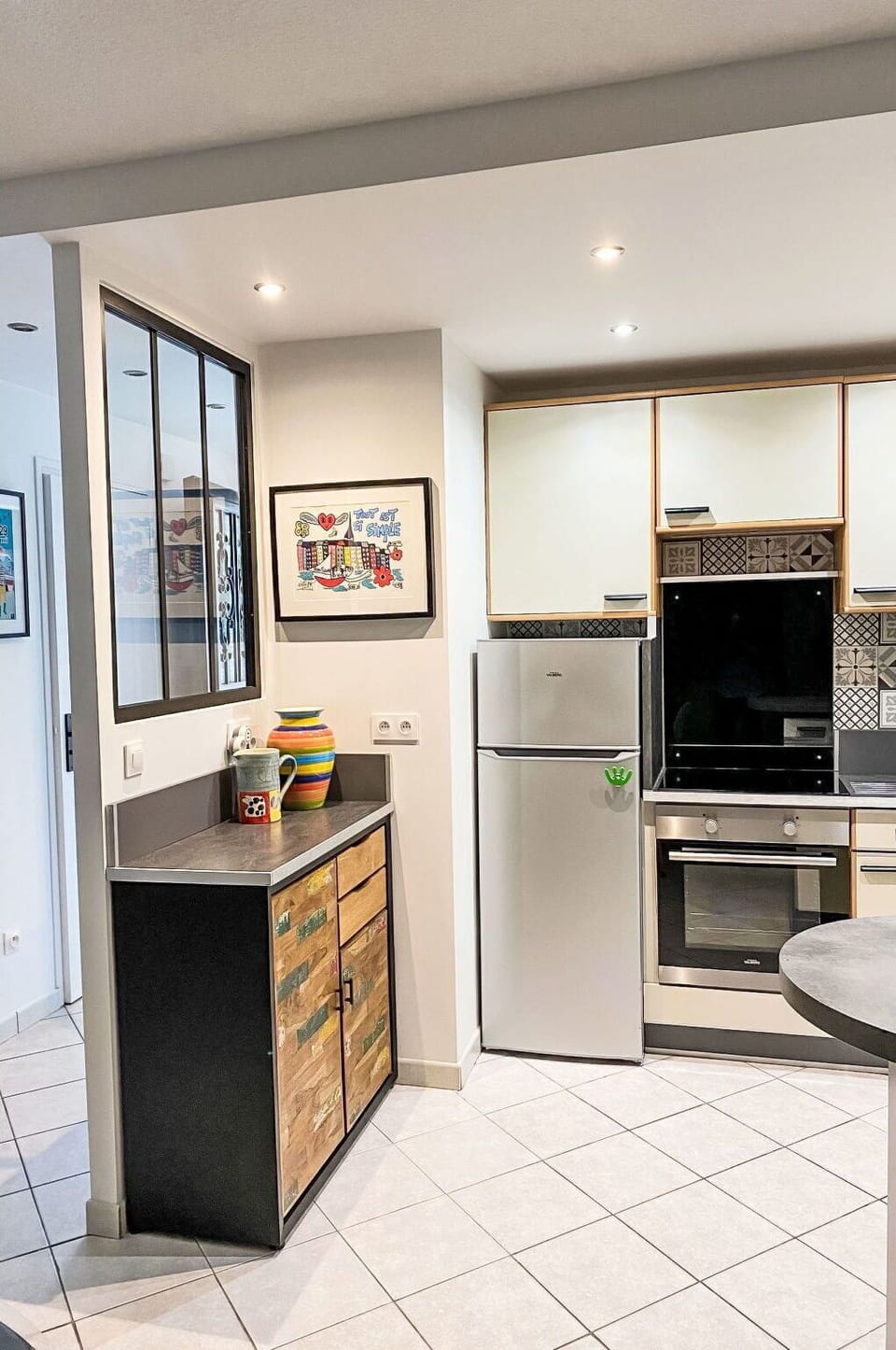 Furniture, Kitchen, Kitchen Appliance, Interior Design, Major Appliance, Countertop, Flooring, Wood, Cabinetry, Home Appliance