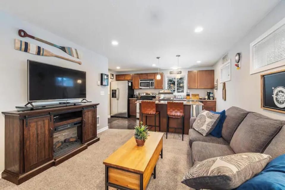 Cozy living room features fireplace, smart TV, DVD player, DVD collection
