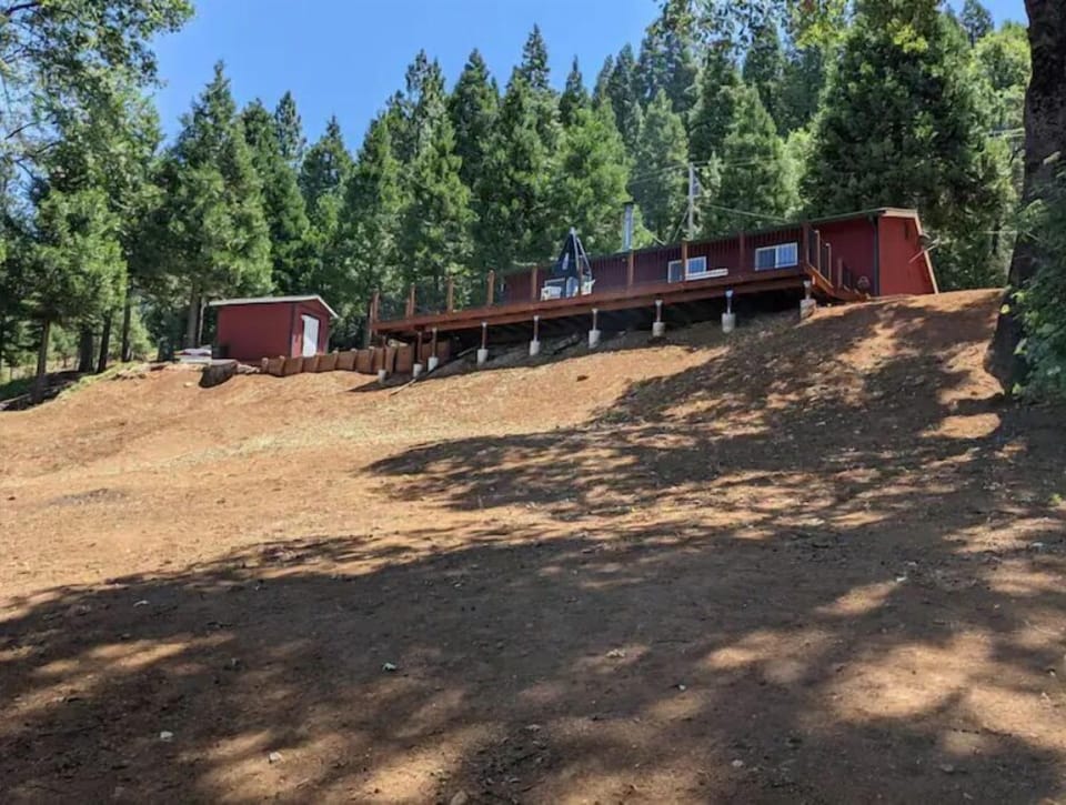 view up at house from lower yard
