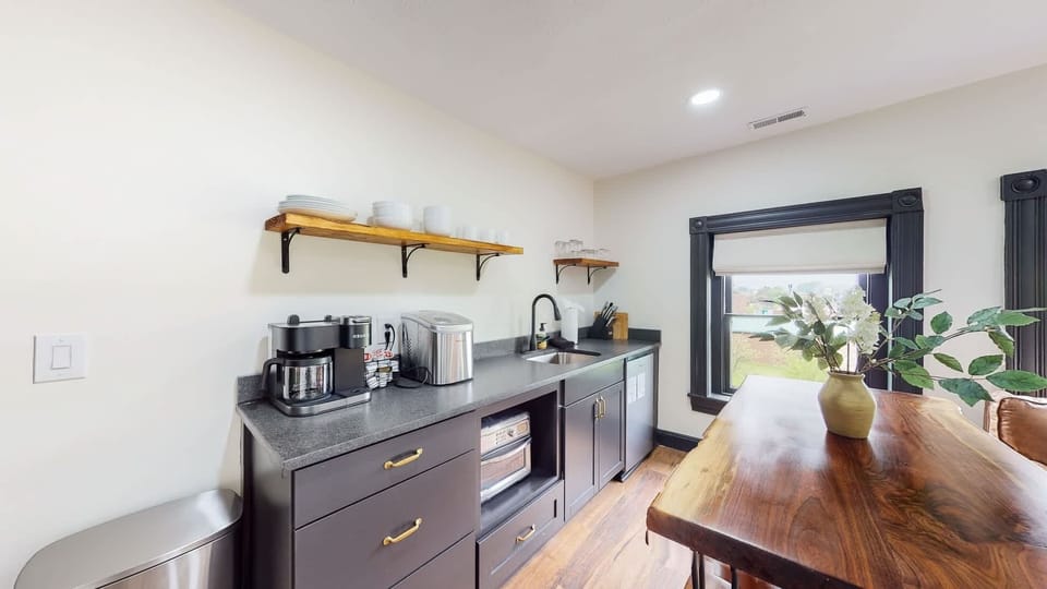 Living Room: The kitchenette comes with a mini fridge, microwave, sink, and some basic kitchen supplies.