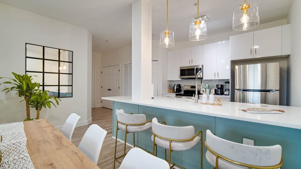 View of the kitchen from the dining area.