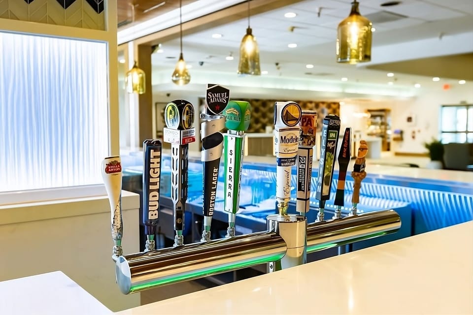 Sip a cold draft and linger at the stylish bar.