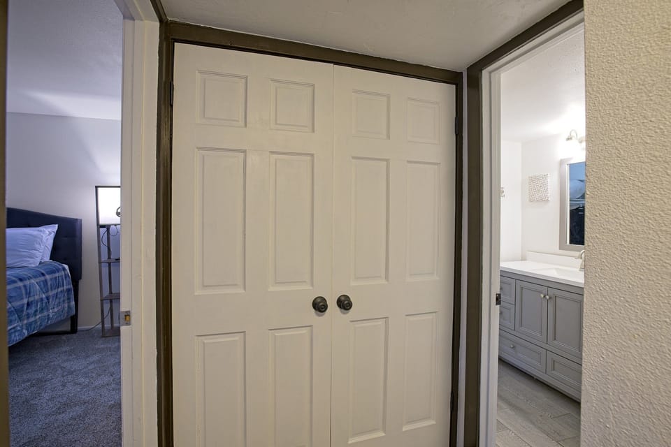 Generous closet space for cleaning and miscellaneous items.