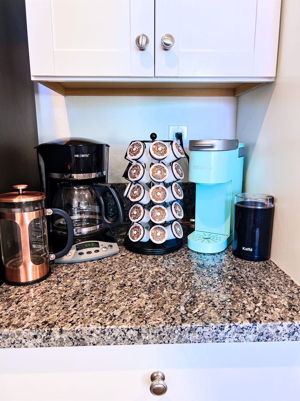 Coffee bar (K-Cups Included), French Press with grinder, and standard drip coffee
