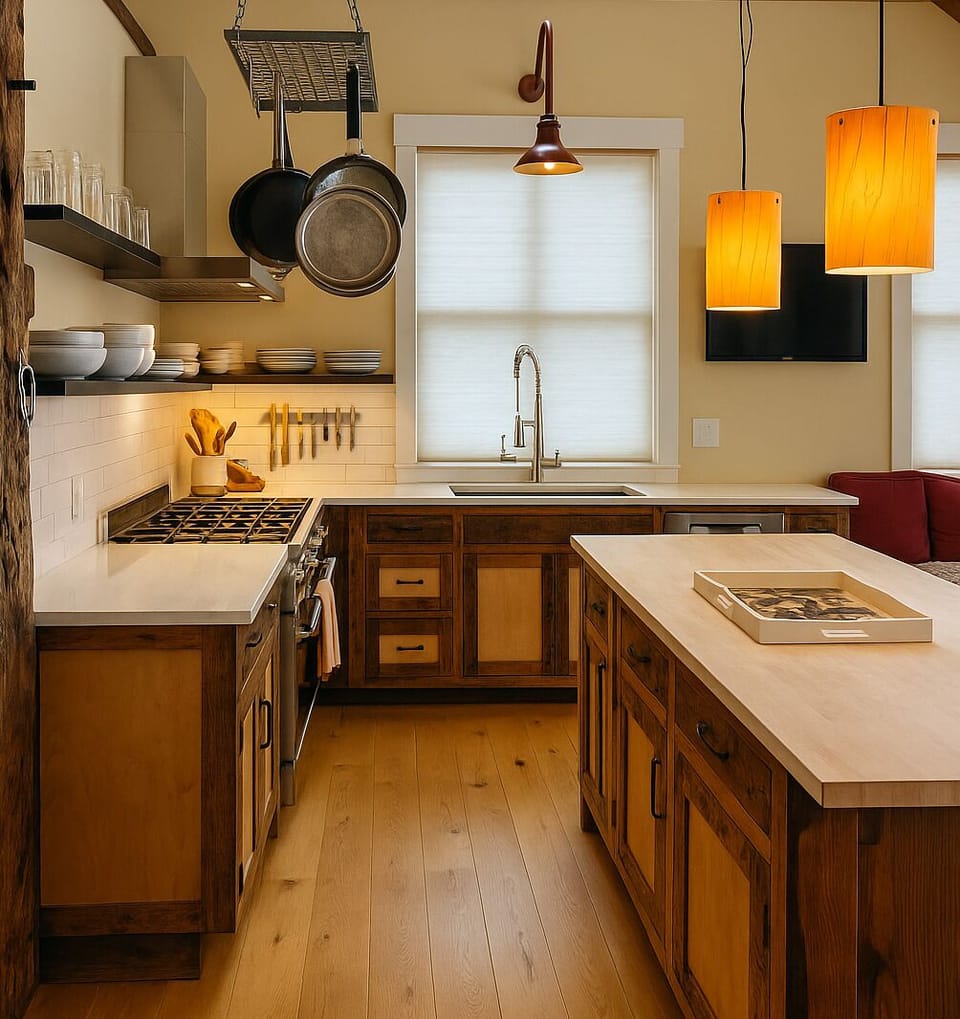 Cook like a pro with gas range, open shelving, and butcher-block island