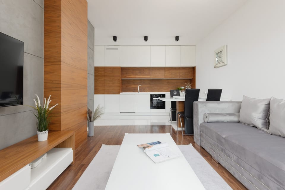 Living room with a comfortable sofa and TV. 