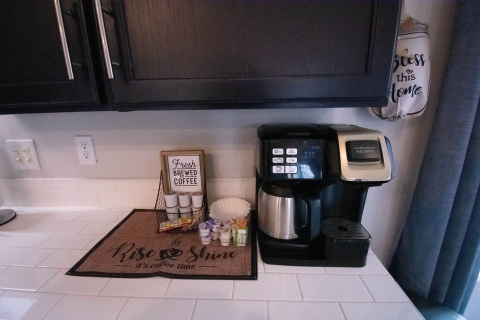 Here is the Coffee Bar with drip or K cups w a variety of creamers and sugars.