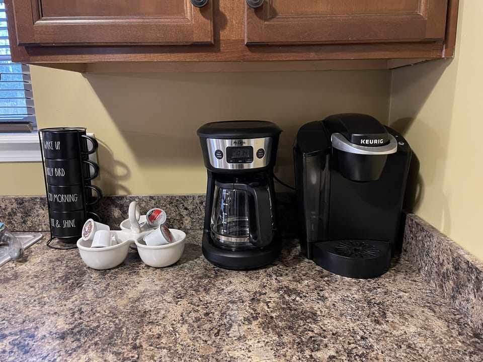 We provide some coffee, filters, K-cups, and tea bags  for guest use. 