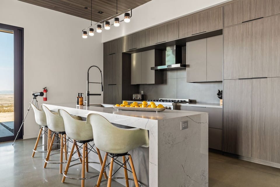 Open concept kitchen, dining, and living area