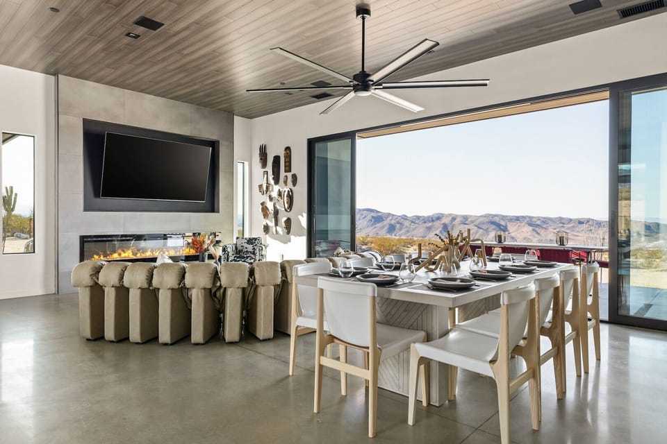 Open concept kitchen, dining, and living area