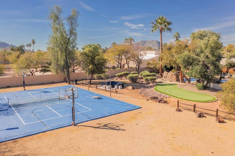 Full-sized sports court for basketball and pickleball, perfect for fun and active days.