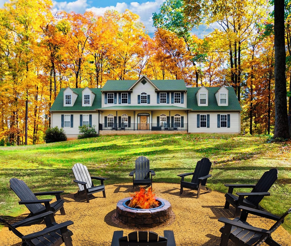 Firepit and front of home in fall. Beautiful colors of autumn! 