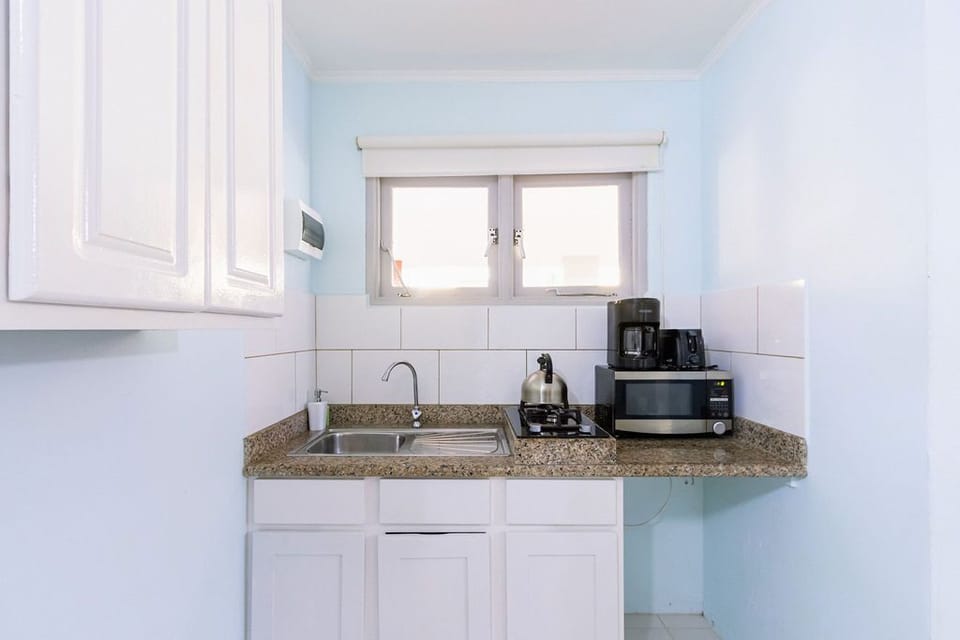 Equipped kitchen with fridge, microwave and coffee maker.