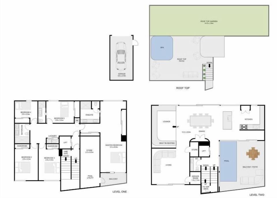 
250m2 of internal space.
141m2 of decks (including pools)
Car parking on site includes stacker may limit size of vehicle but uncovered parking available on the site next door