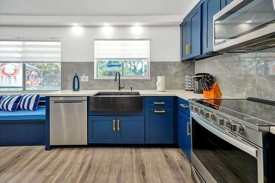 A fully stocked new state of the art kitchen, with great views to the outdoors and easy flowing vibes. 