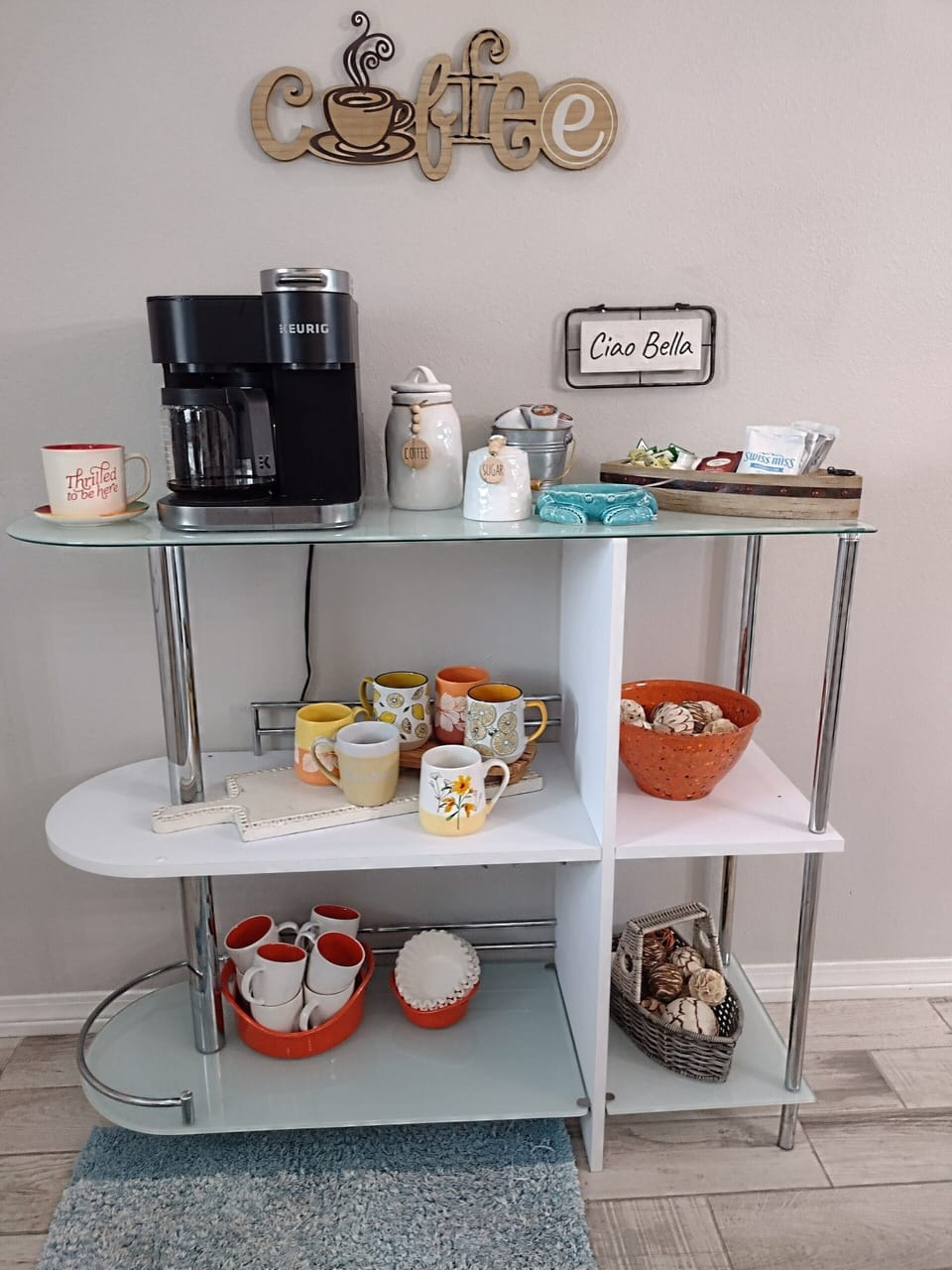 Coffee station with a double Keurig,  coffee, and assorted sugars!