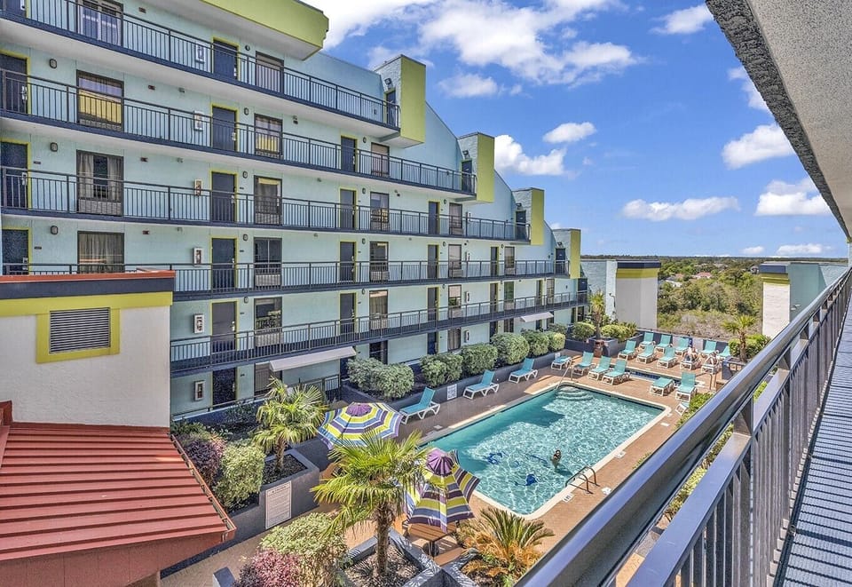 View of rooftop pool from front door