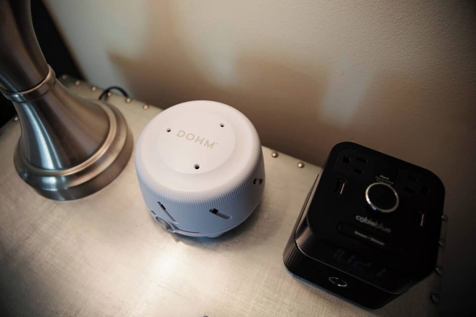 Dohm Sound Machine and CubieBlue Blue tooth Speaker available in Main King bedroom.