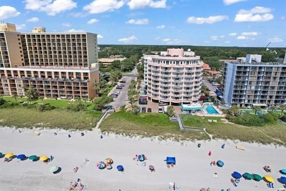 Aerial picture of building & beach