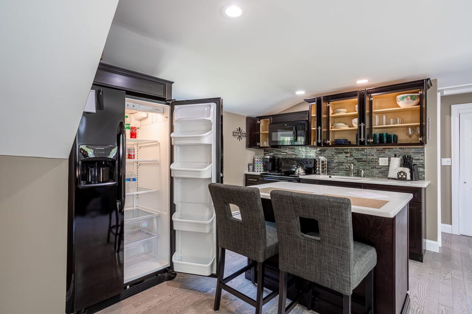 The fridge comes stocked with refreshments to keep your energy up
