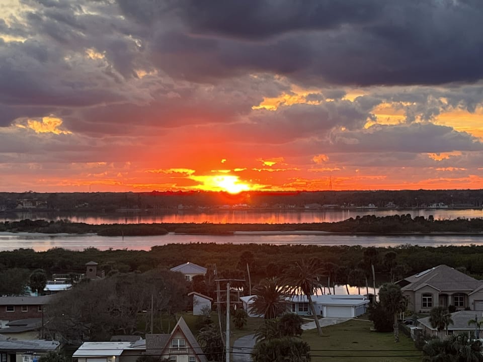 Sunset.  The Shores Club uniquely has both east and west balconies with views. 
