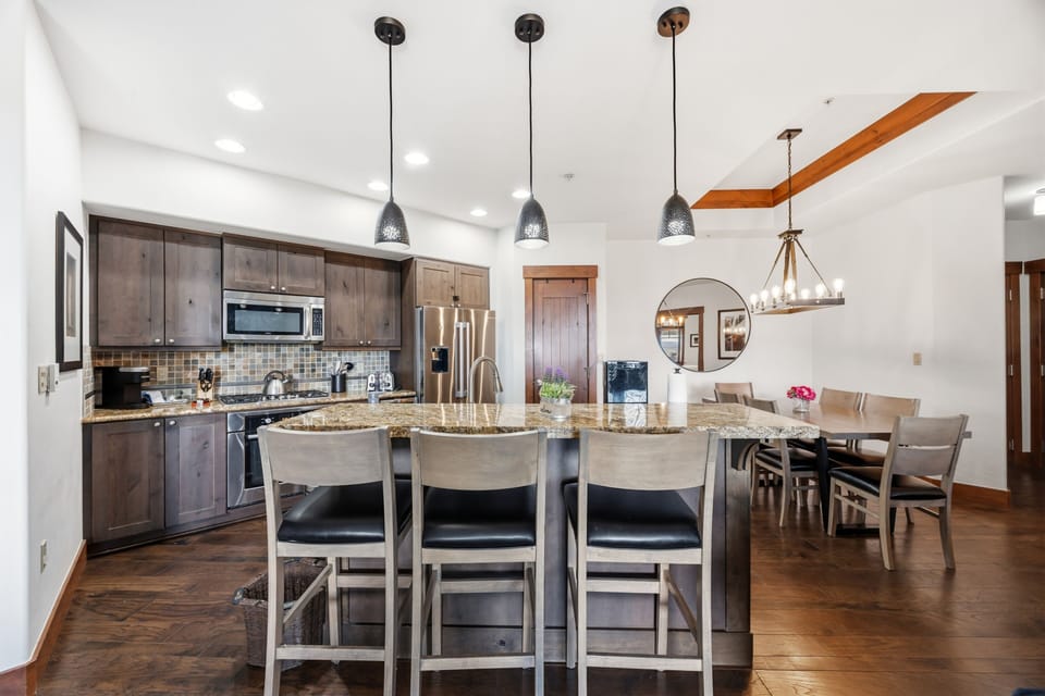Kitchen with island and view to the dining room.