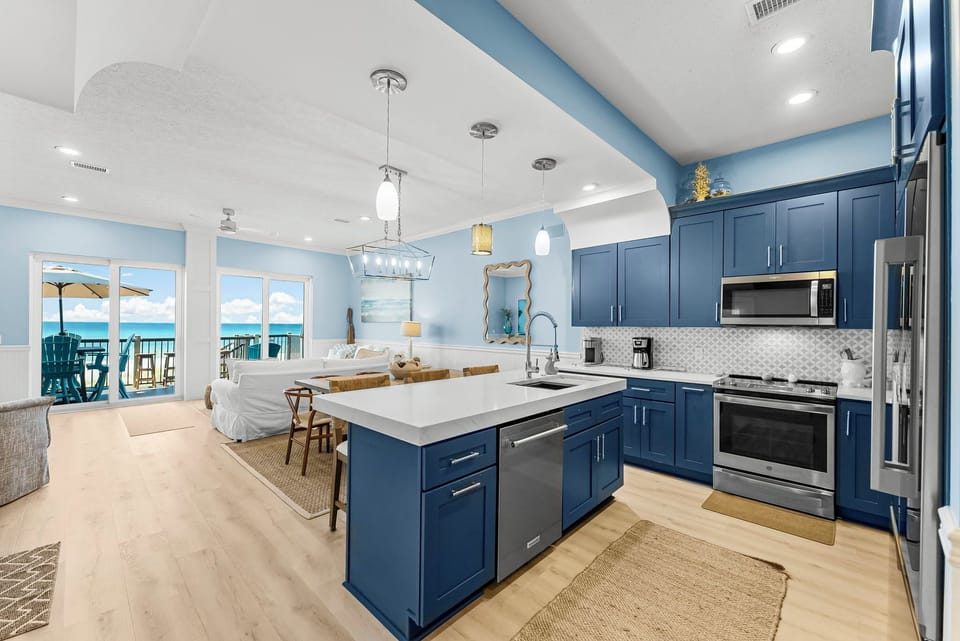 Fully equipped kitchen: granite counters, stainless appliances, plus a wine cooler/ice-maker & kitchenette. Dining room and breakfast bar seat 10 comfortably