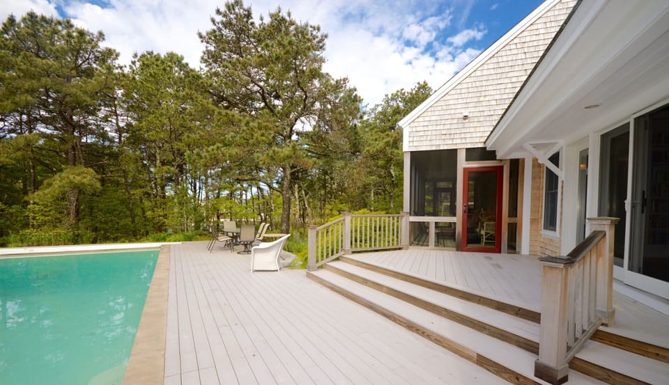 Large deck/outdoor dining will have wicker seating, lounge chairs