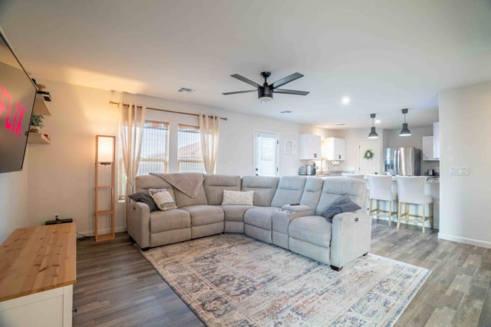 Open concept living room and kitchen area.
