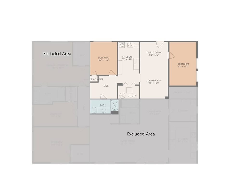 Floor Plan - Excluded Area is Unit A which is separated by the pictured hotel style double dead bolt door. Unit A may or may not be occupied during your stay. 