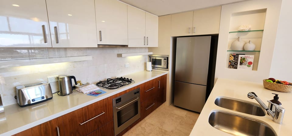 Modern equipped kitchen, gas cooking, microwave, dishwasher, oven, fridge