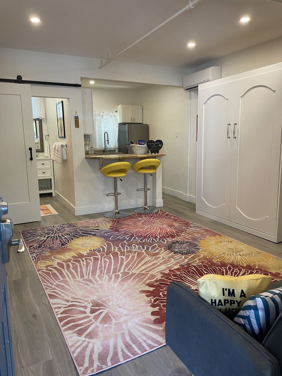 Main room with Murphy bed closed looking towards kitchen
